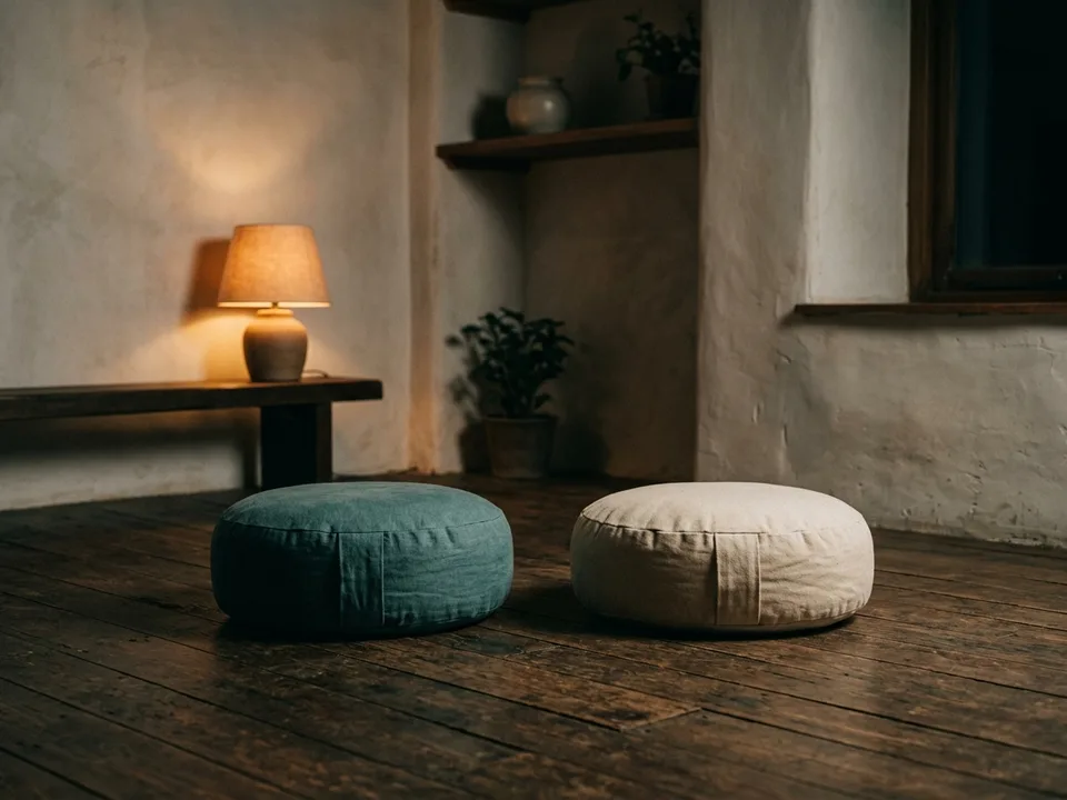 Two round meditation cushions on a bare wooden floor beside a low lamp