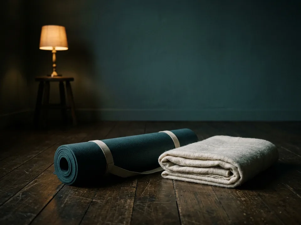 A rolled yoga mat and a folded blanket on a wooden floor in morning light
