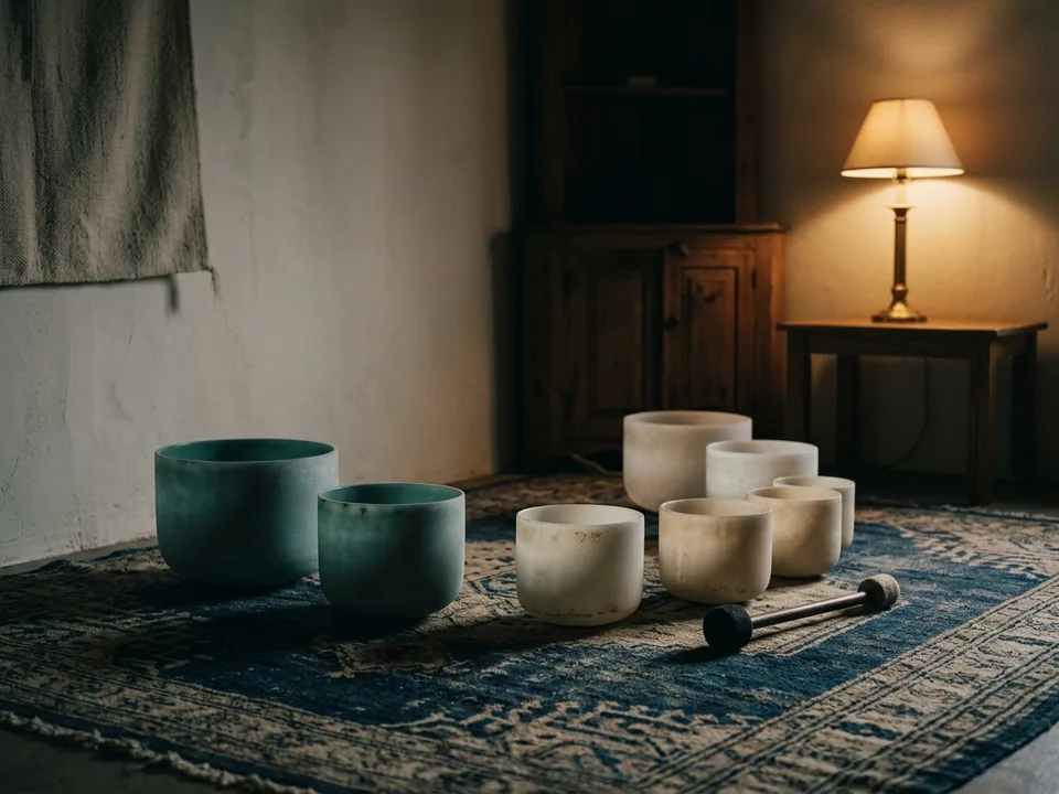 Crystal singing bowls and a mallet arranged on a rug in low lamplight
