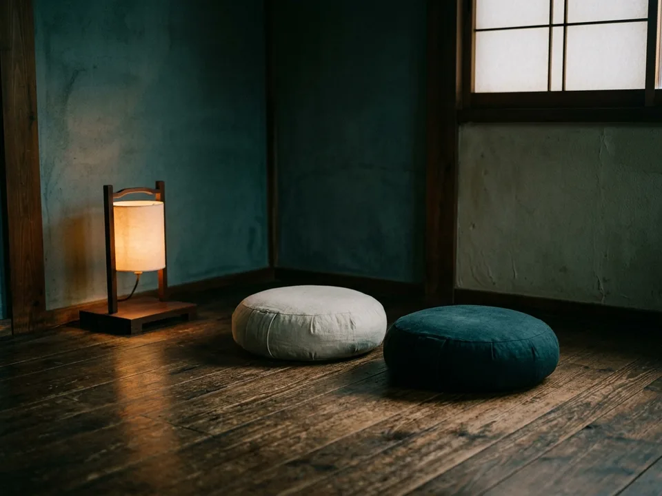 Two round meditation cushions on a bare wooden floor beside a low lamp