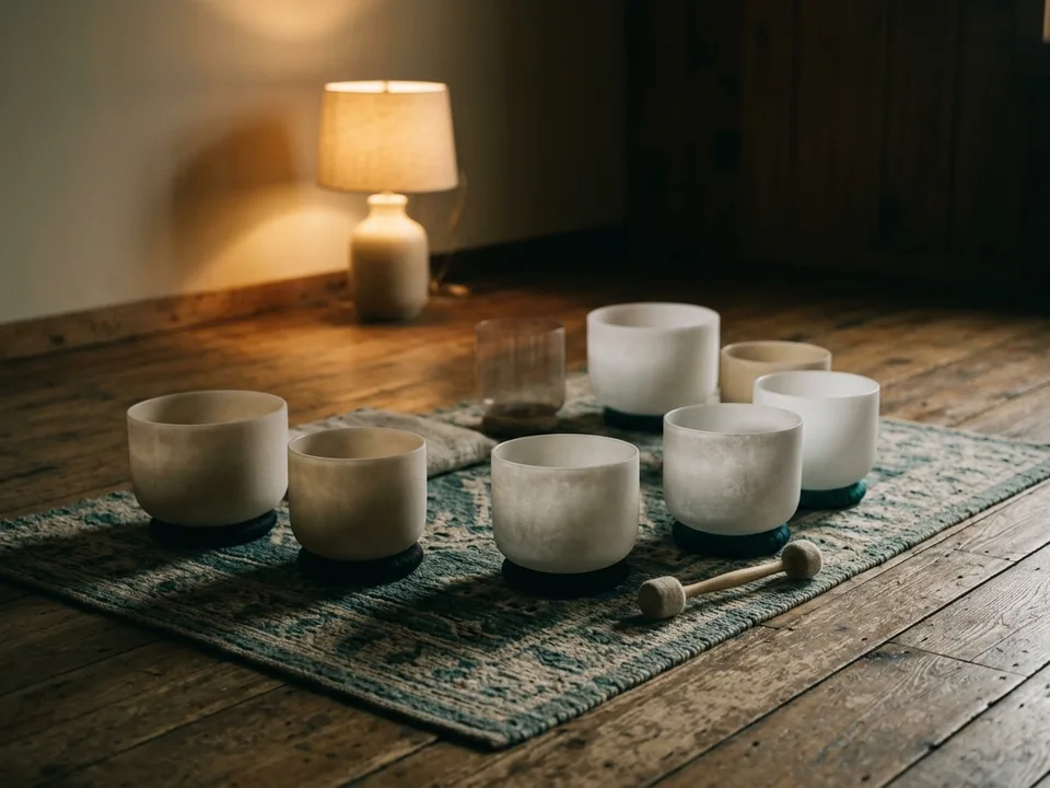 Crystal singing bowls and a mallet arranged on a rug in low lamplight