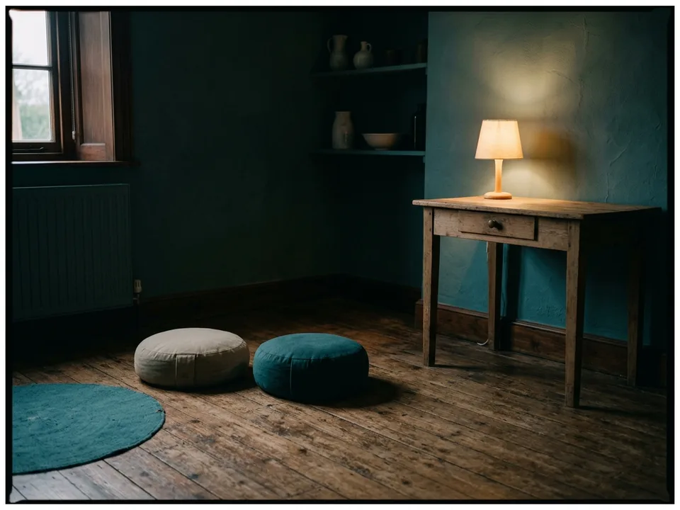Two round meditation cushions on a bare wooden floor beside a low lamp
