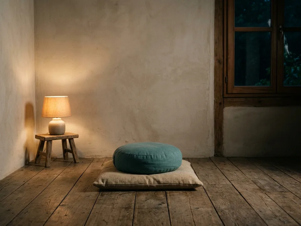 Two round meditation cushions on a bare wooden floor beside a low lamp