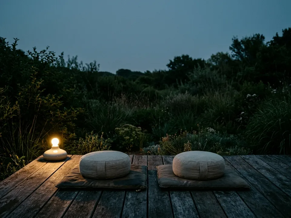Two round meditation cushions on a bare wooden floor beside a low lamp