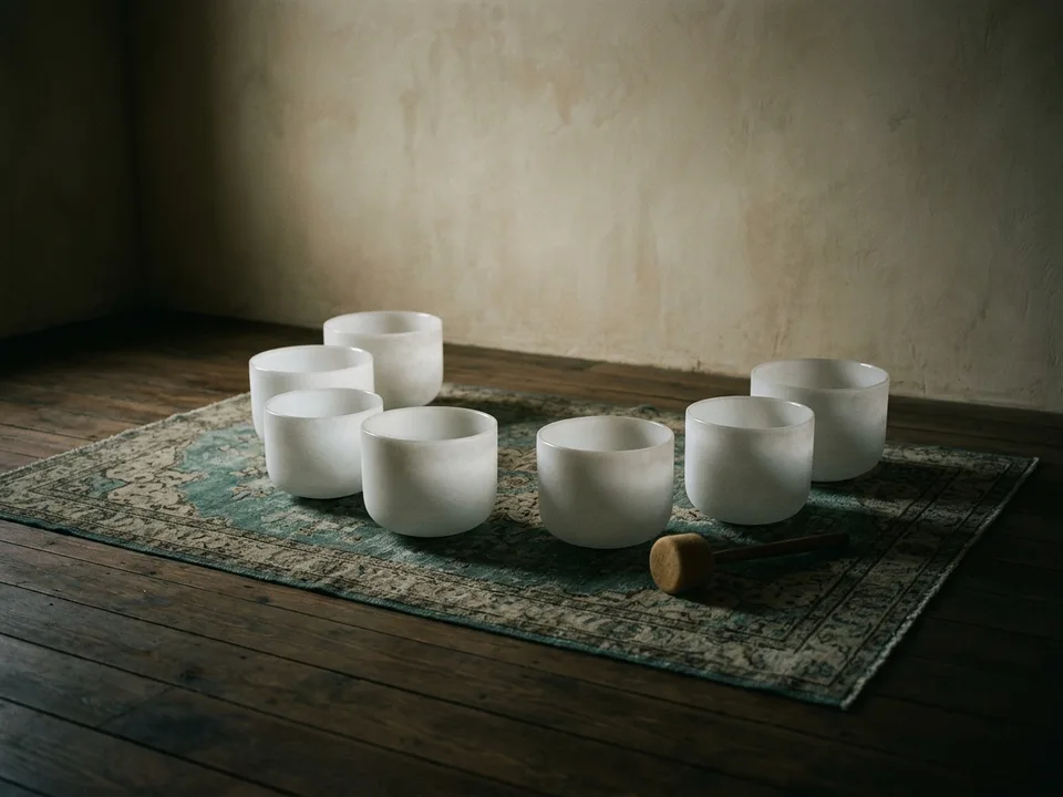 Crystal singing bowls and a mallet arranged on a rug in low lamplight