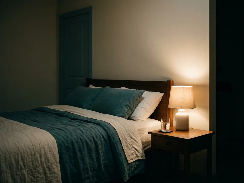 A bedside lamp lit beside a made bed at night, a glass of water on the table