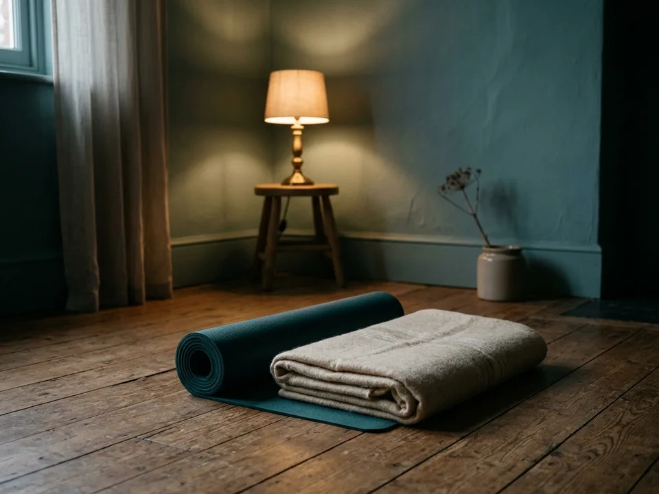 A rolled yoga mat and a folded blanket on a wooden floor in morning light