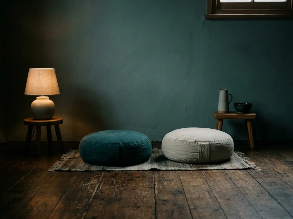Two round meditation cushions on a bare wooden floor beside a low lamp