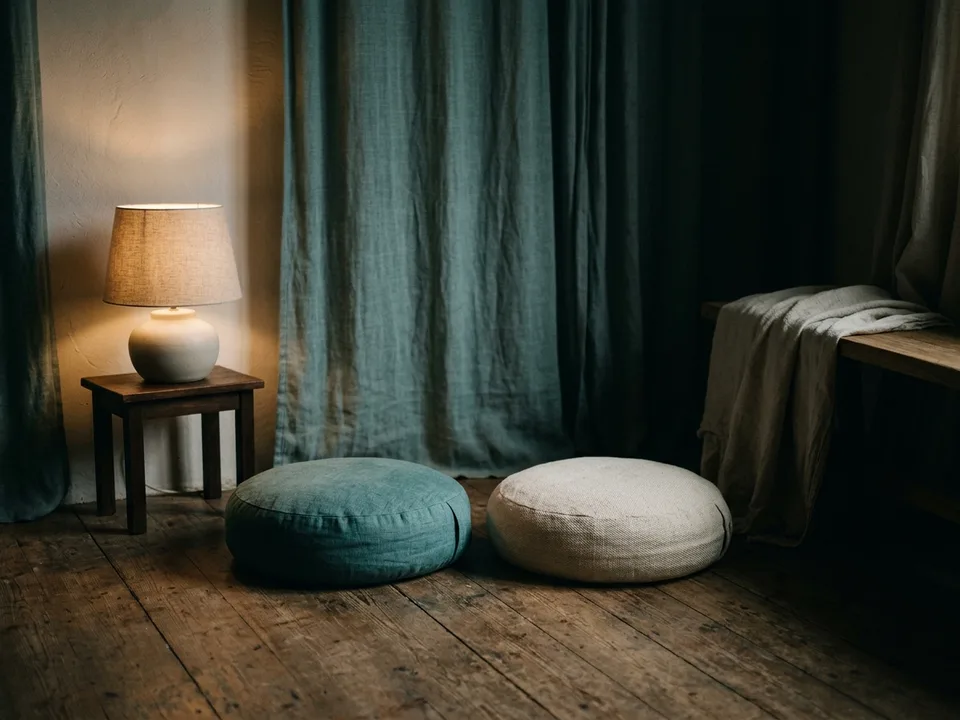 Two round meditation cushions on a bare wooden floor beside a low lamp