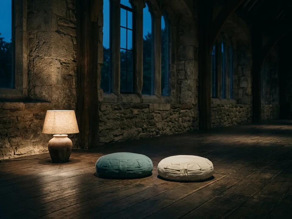 Two round meditation cushions on a bare wooden floor beside a low lamp