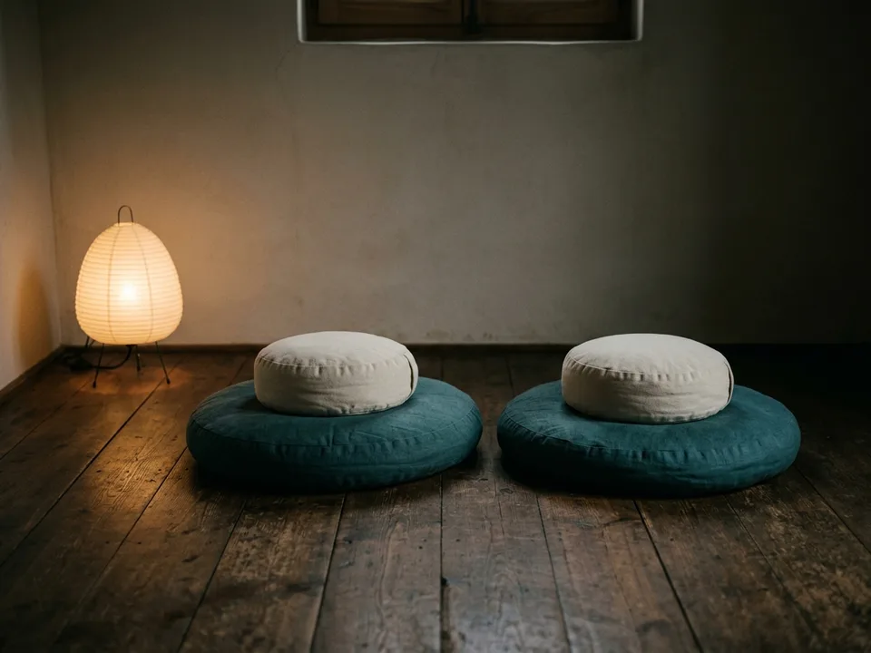 Two round meditation cushions on a bare wooden floor beside a low lamp