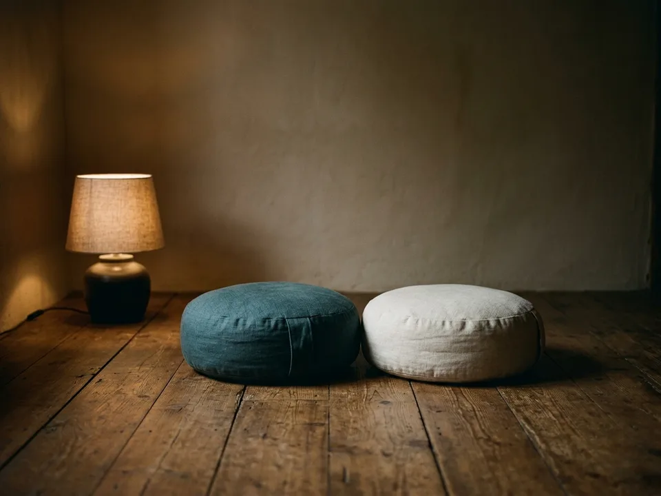 Two round meditation cushions on a bare wooden floor beside a low lamp