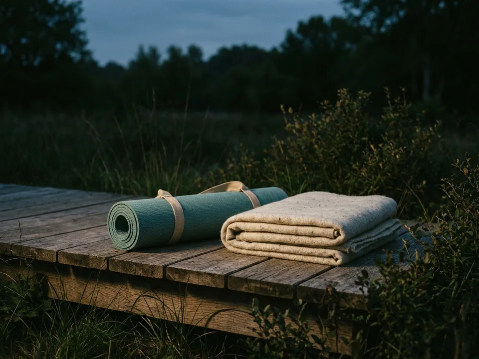 A rolled yoga mat and a folded blanket on a wooden floor in morning light