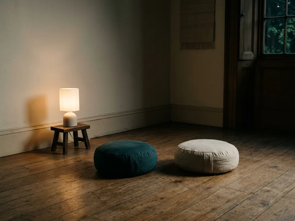 Two round meditation cushions on a bare wooden floor beside a low lamp