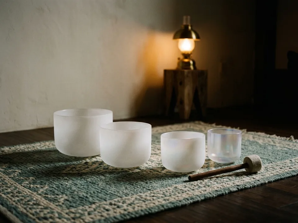 Crystal singing bowls and a mallet arranged on a rug in low lamplight