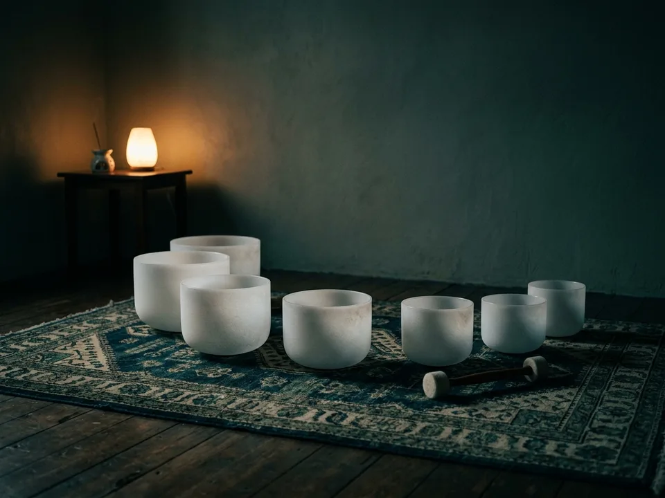 Crystal singing bowls and a mallet arranged on a rug in low lamplight