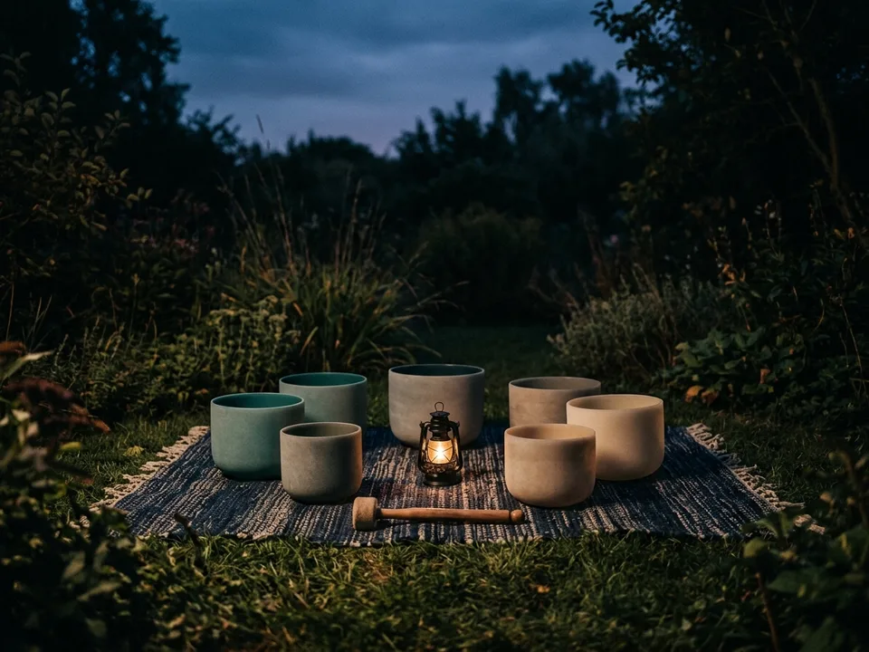 Crystal singing bowls and a mallet arranged on a rug in low lamplight