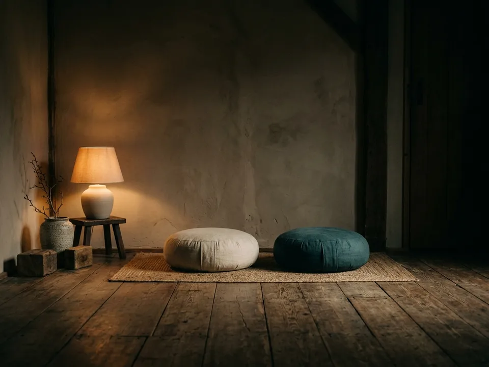 Two round meditation cushions on a bare wooden floor beside a low lamp