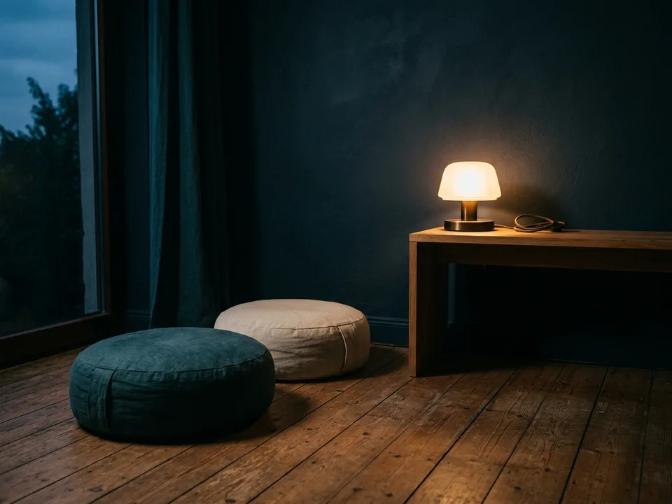 Two round meditation cushions on a bare wooden floor beside a low lamp
