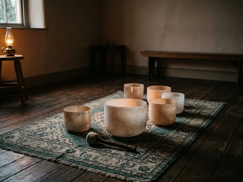 Crystal singing bowls and a mallet arranged on a rug in low lamplight