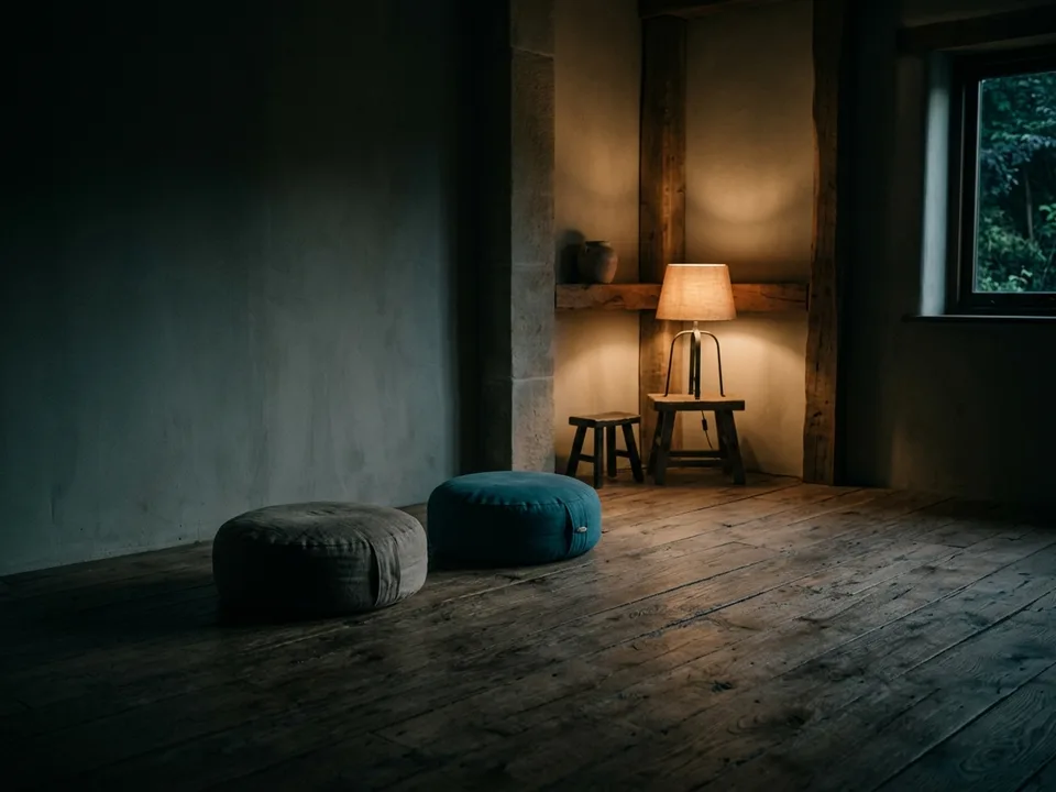 Two round meditation cushions on a bare wooden floor beside a low lamp