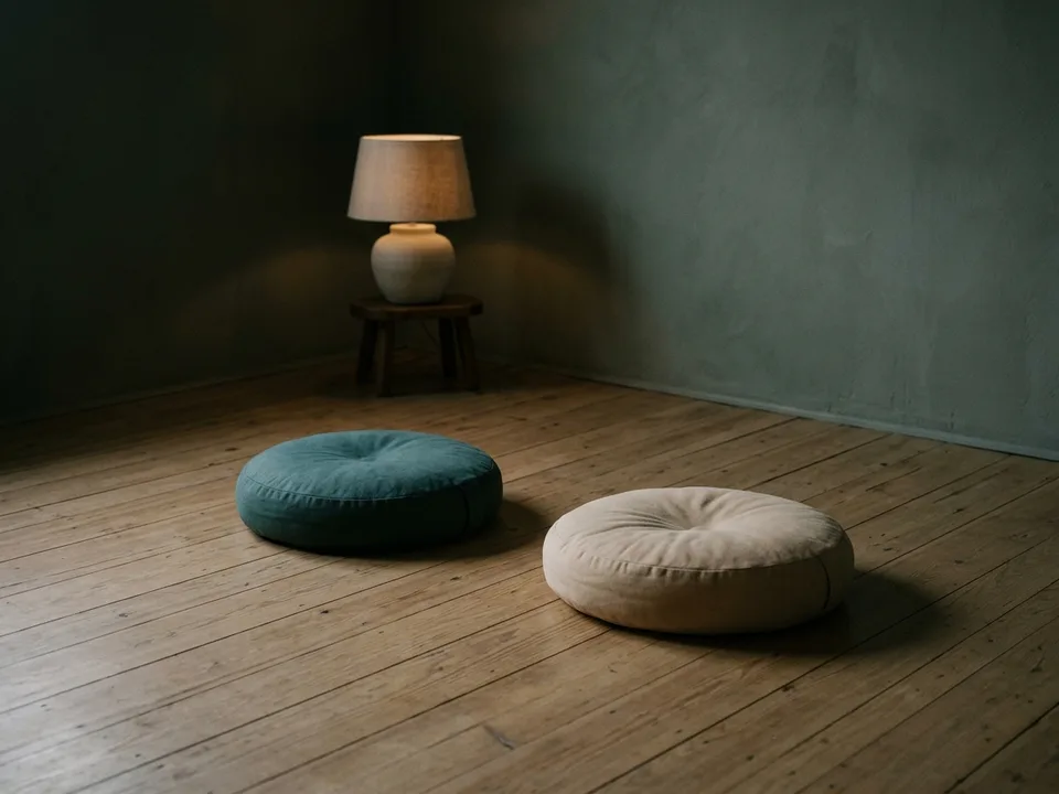 Two round meditation cushions on a bare wooden floor beside a low lamp