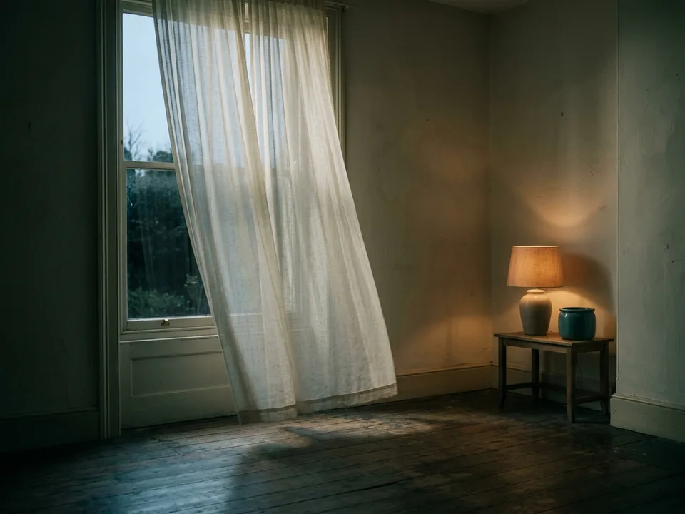 A tall window at dawn, sheer curtains and first light across an empty floor