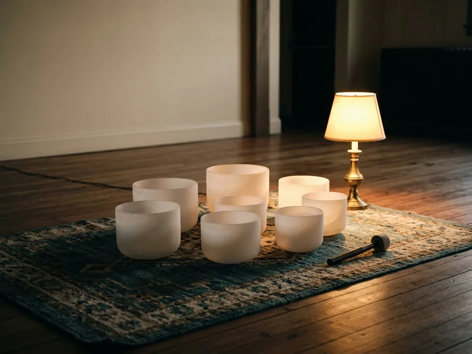 Crystal singing bowls and a mallet arranged on a rug in low lamplight