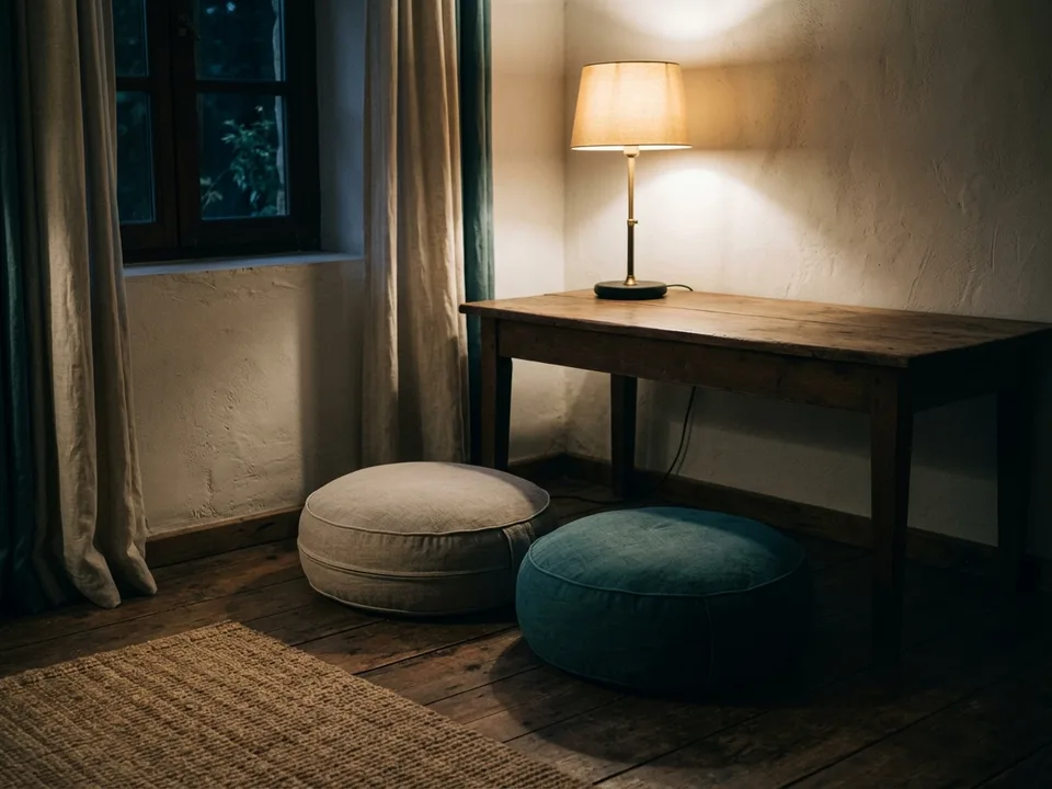 Two round meditation cushions on a bare wooden floor beside a low lamp