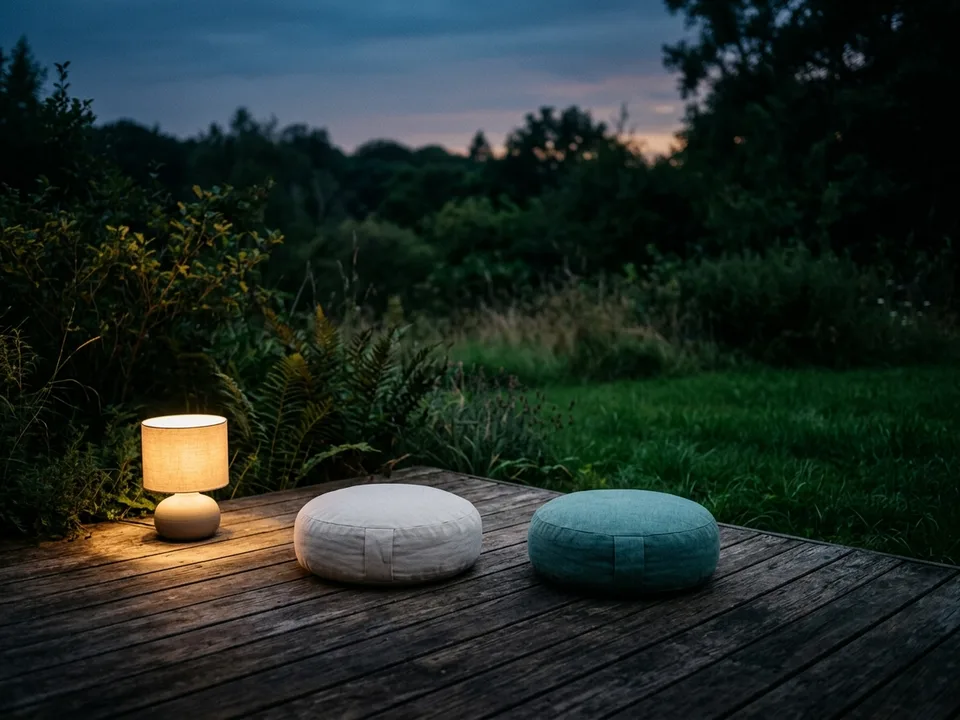 Two round meditation cushions on a bare wooden floor beside a low lamp