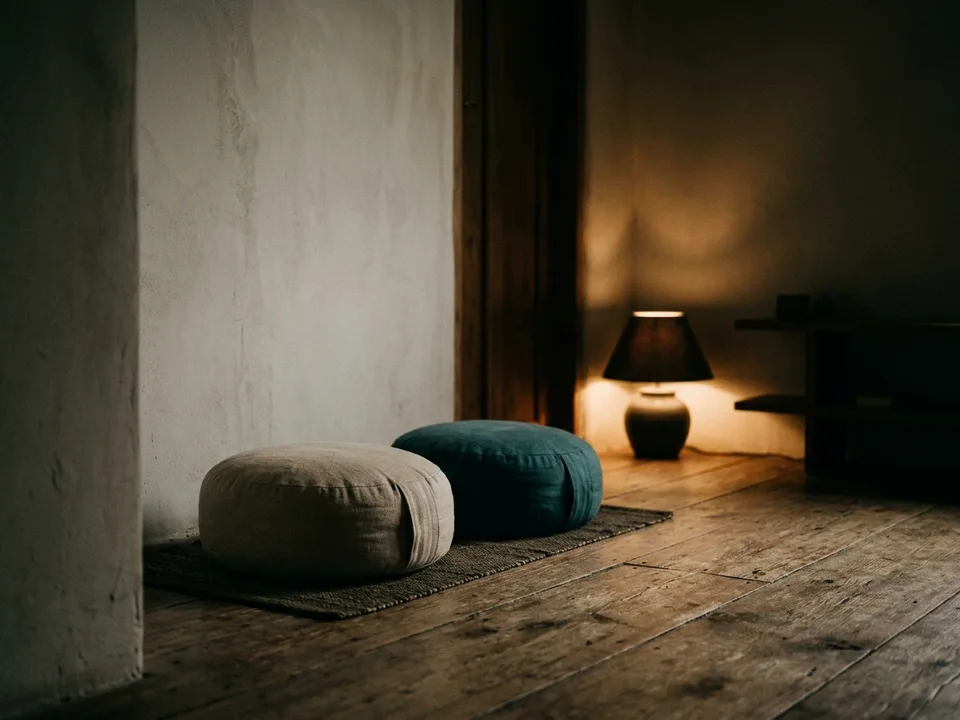 Two round meditation cushions on a bare wooden floor beside a low lamp