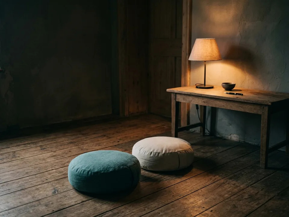 Two round meditation cushions on a bare wooden floor beside a low lamp
