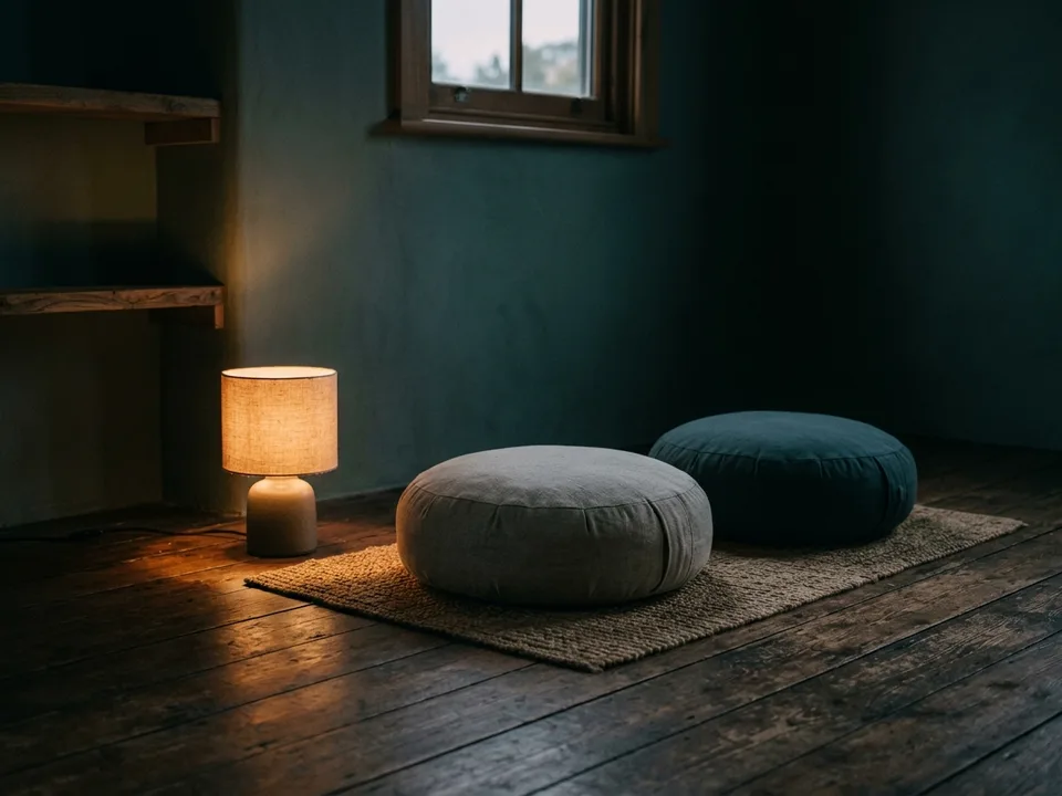 Two round meditation cushions on a bare wooden floor beside a low lamp