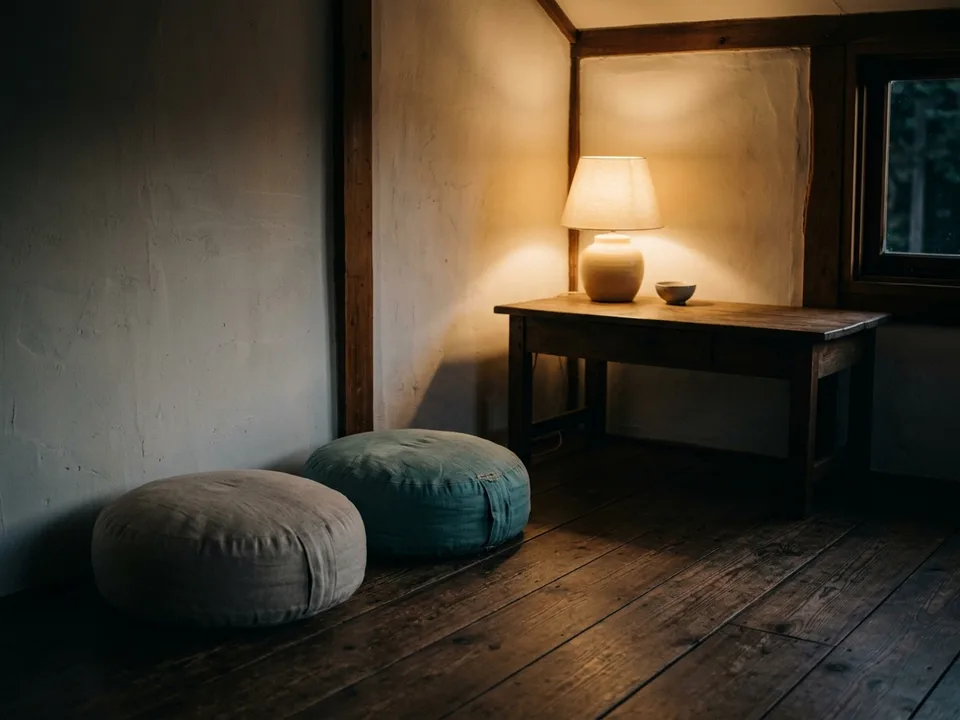 Two round meditation cushions on a bare wooden floor beside a low lamp