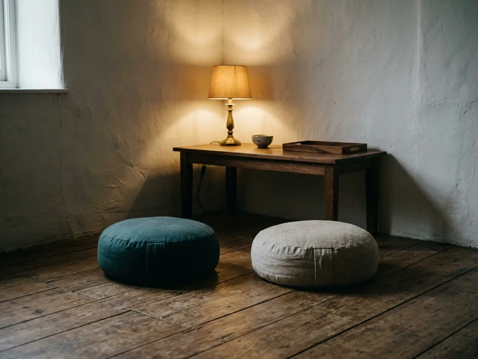Two round meditation cushions on a bare wooden floor beside a low lamp