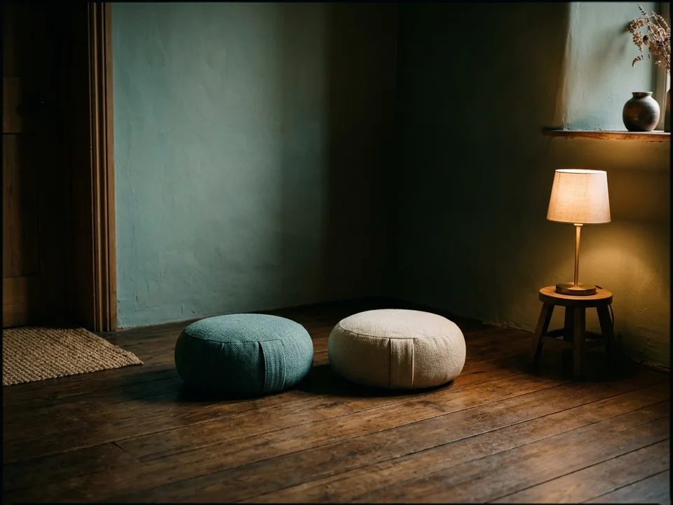 Two round meditation cushions on a bare wooden floor beside a low lamp