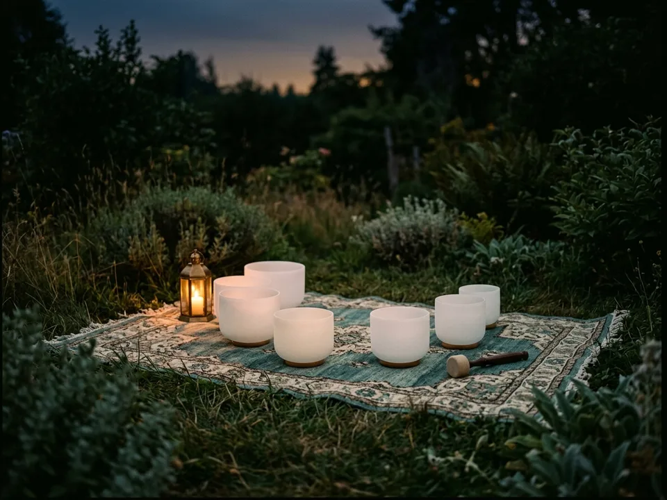 Crystal singing bowls and a mallet arranged on a rug in low lamplight