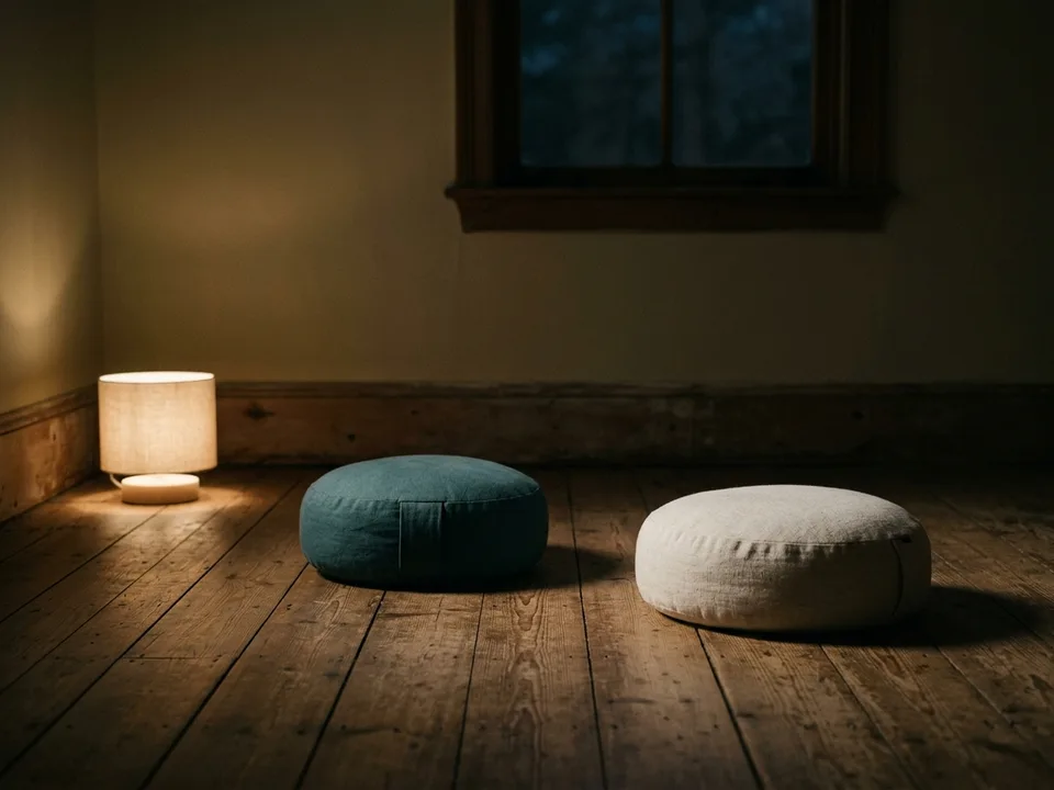 Two round meditation cushions on a bare wooden floor beside a low lamp