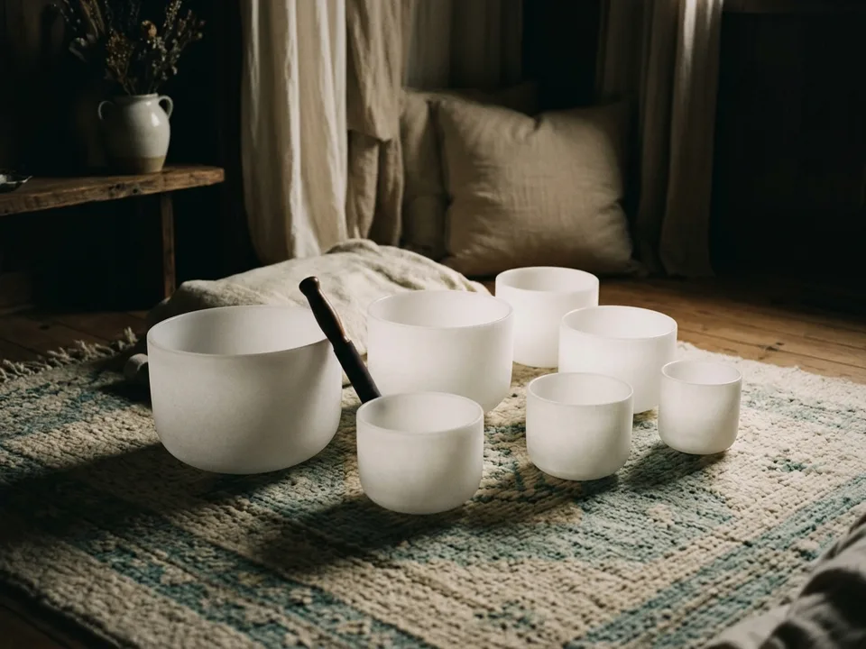 Crystal singing bowls and a mallet arranged on a rug in low lamplight