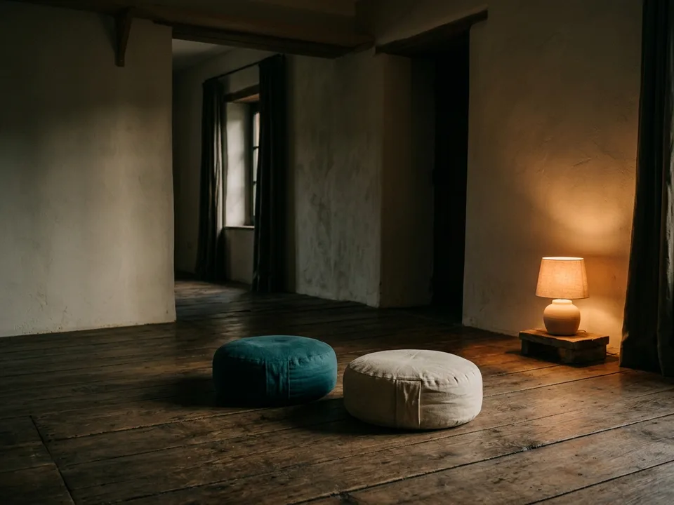 Two round meditation cushions on a bare wooden floor beside a low lamp
