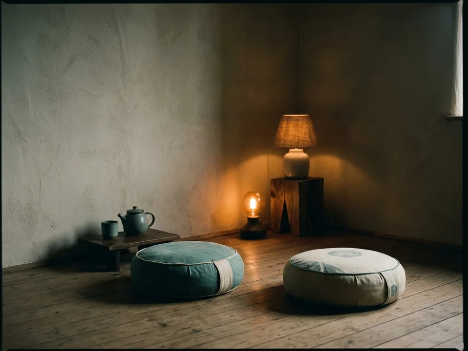 Two round meditation cushions on a bare wooden floor beside a low lamp