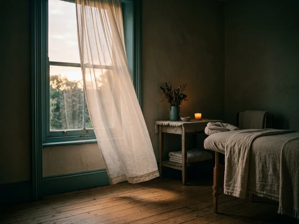 A tall window at dawn, sheer curtains and first light across an empty floor