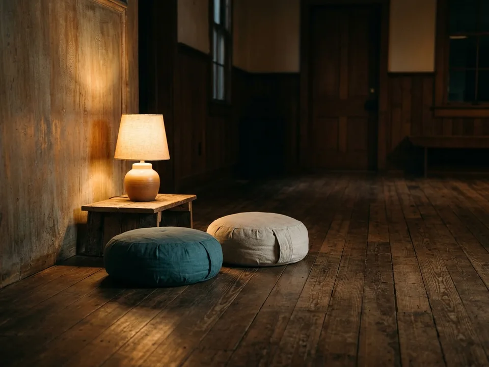 Two round meditation cushions on a bare wooden floor beside a low lamp