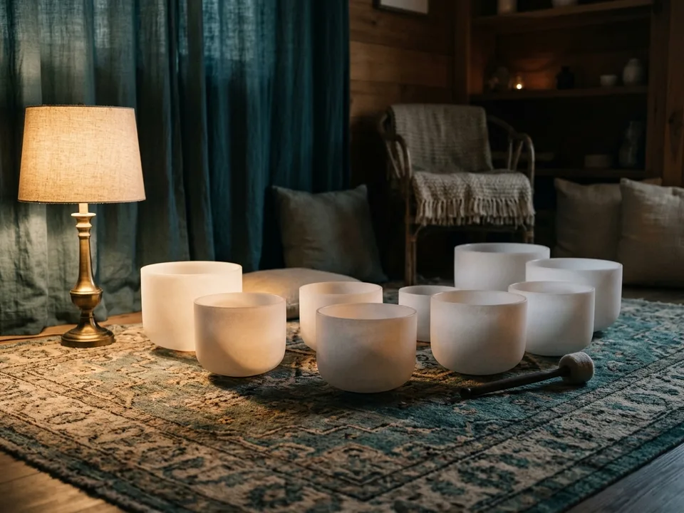 Crystal singing bowls and a mallet arranged on a rug in low lamplight