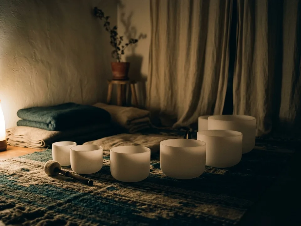 Crystal singing bowls and a mallet arranged on a rug in low lamplight