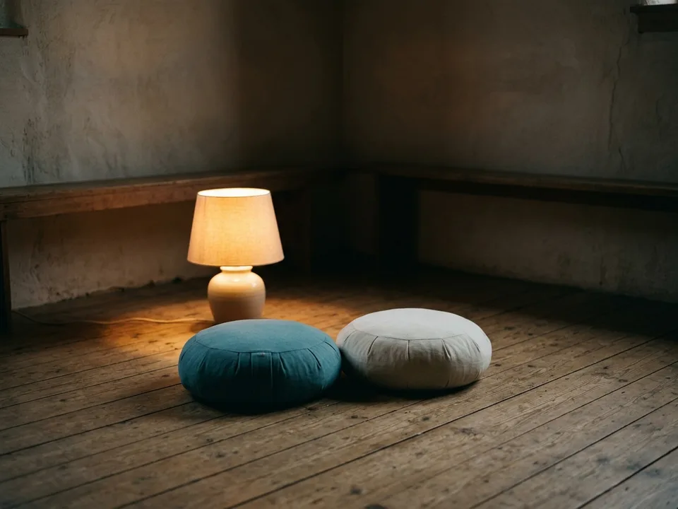 Two round meditation cushions on a bare wooden floor beside a low lamp