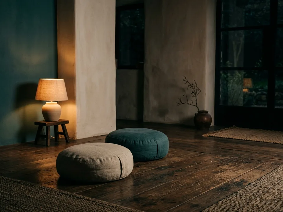 Two round meditation cushions on a bare wooden floor beside a low lamp