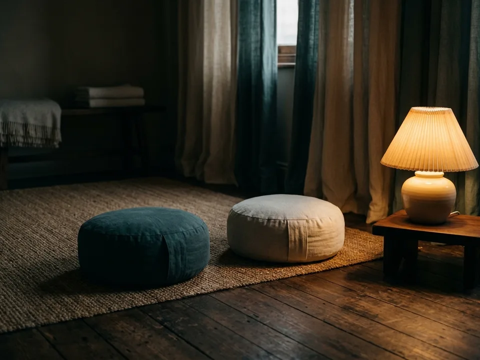 Two round meditation cushions on a bare wooden floor beside a low lamp