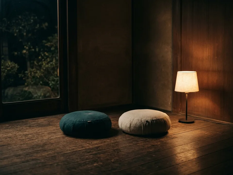Two round meditation cushions on a bare wooden floor beside a low lamp