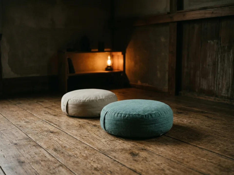 Two round meditation cushions on a bare wooden floor beside a low lamp